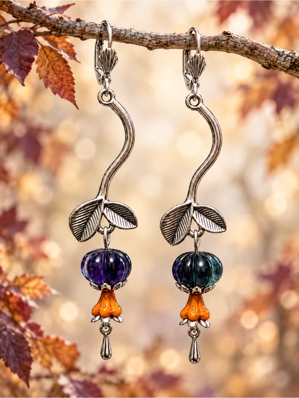 Czech Glass Aubergine Pumpkin Earrings Orange Flowers Silver Tone Leaf Dangles